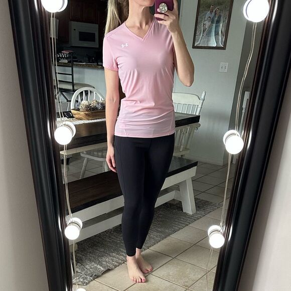 Under Armour Heat Gear Pink V Neck Fitted Compression Short Sleeve Tee Top - Picture 1 of 6